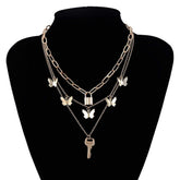 Multi-layer Gold Silver Tone Lock & Key Pendant Butterfly Tassel Choker Necklace